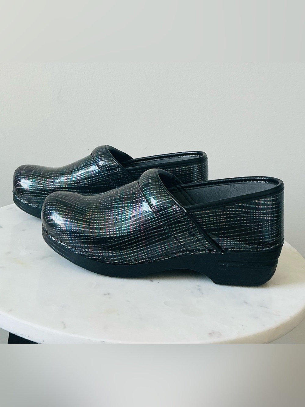 Dansco Professional Rainbow Plaid Patend iridescent work Clog